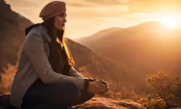 a woman is sitting on top of a hill