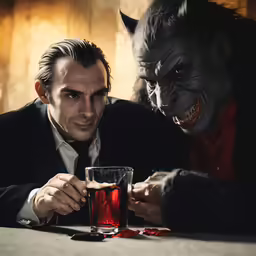 a vampire holding up a glass of red wine