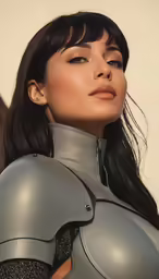 a woman dressed in gray leather clothes and silver hair