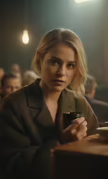a beautiful woman sitting at a table holding a coffee mug