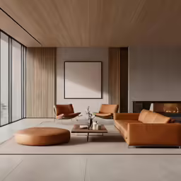 the living room is full of brown leather furniture