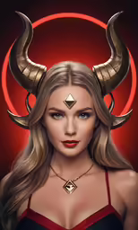 a girl in a dress and horns wearing red