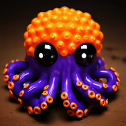 an orange and purple object with eyes on a surface