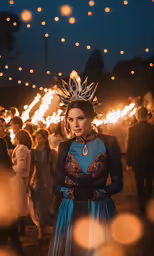 the woman is wearing a headpiece made of fire in front of people