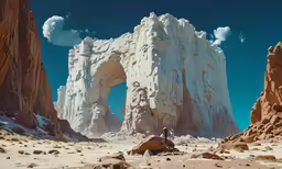 two people standing near an archway in the desert