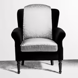 a black chair with silver accent fabric, front view