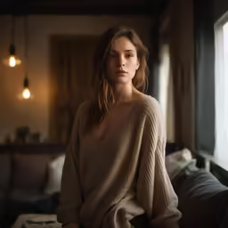 a girl in beige sweater sitting on a couch