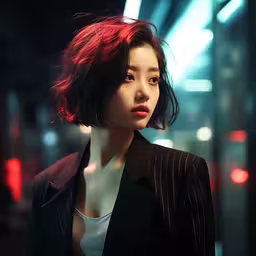 a woman with red hair standing near a building,an asian woman with short, dark hair, dressed in a black suit
