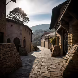 a cobblestone street with buildings and mountains in the background