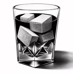 four white rocks in a shot glass with ice cubes