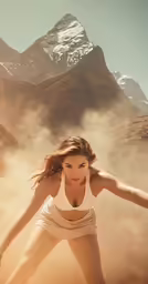 the beautiful woman is in front of the mountains