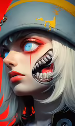 a woman with blue eyes and yellow face paint is looking at something