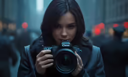 the woman is holding her camera near her