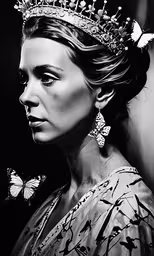 the crown is seen as she poses for a black and white photo,a black and white photo of a woman wearing a tiara