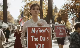 woman holds sign as other people walk in the street