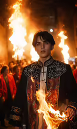 a woman standing outside in front of fire