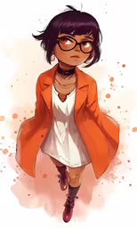 an art print of a young girl wearing a red coat and glasses