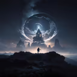 a lone man standing in front of an intricate sky
