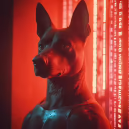 a black dog is staring at something red