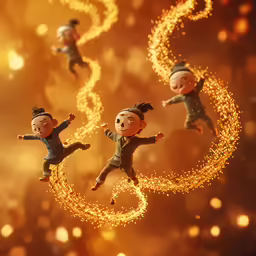 several toy children performing on string and balloons