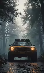 a yellow car is parked in the middle of the road