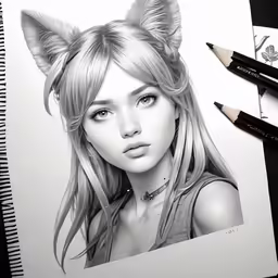 a pencil drawing of a woman with cat ears