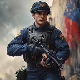 a man in uniform with a machine gun