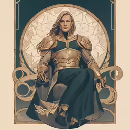 a poster of a man in a gold and green outfit, sitting on the throne of a