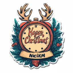 a cartoon - style clock with antlers and words that say happy christmas nickm