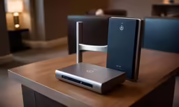 the modern device is sitting on the brown table