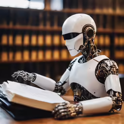 a robot that is holding a book in front of it