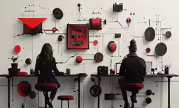 a group of people sitting at table next to a red sculpture