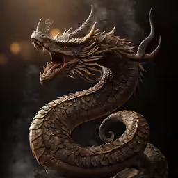 an asian dragon has long, curved horns and sharp teeth