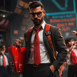 a man in a suit holds a briefcase