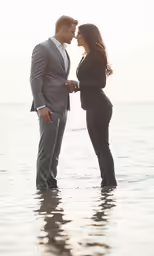 a pregnant woman and man standing in the water in business suits