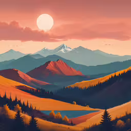 a painting of a mountain range at sunset with trees,a painting of a sunset scene with mountains in the background