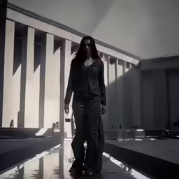 a woman in all black on a runway