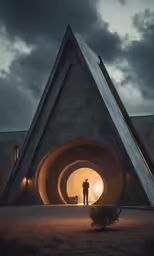 a man standing outside of a building, next to a dark sky