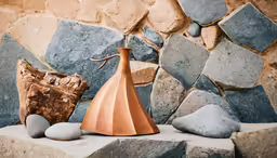 a copper vase sitting on top of a stone bench
