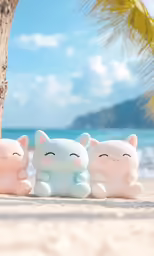 three little cats sitting near a palm tree on the beach