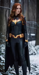a woman dressed as wonder, standing in the snow
