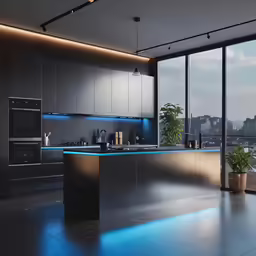 modern kitchen with modern cabinets and lighting