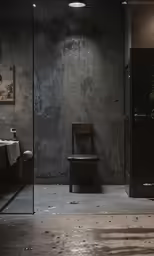 an old black door in the corner of a large bathroom