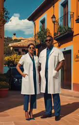 a couple in white jackets standing together on a patio