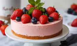 a cake with pink frosting and topped with fresh berries