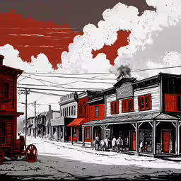 a drawing of an image of buildings on a street,an old time - looking drawing of a horse drawn carriage traveling down a street