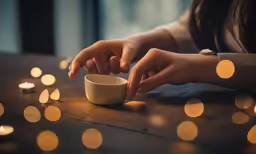 a person is holding a white cup while candles are around the table