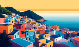 houses with blue roofs overlook the water and a mountain