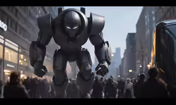 the giant robot is standing in front of a black car