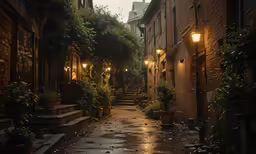 an alley way with potted plants and lights